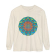 Colorful long sleeve t-shirt with vibrant rainbow mandala design
