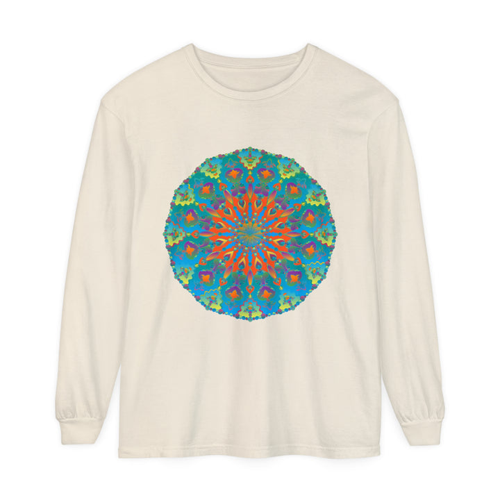 Colorful long sleeve t-shirt with vibrant rainbow mandala design