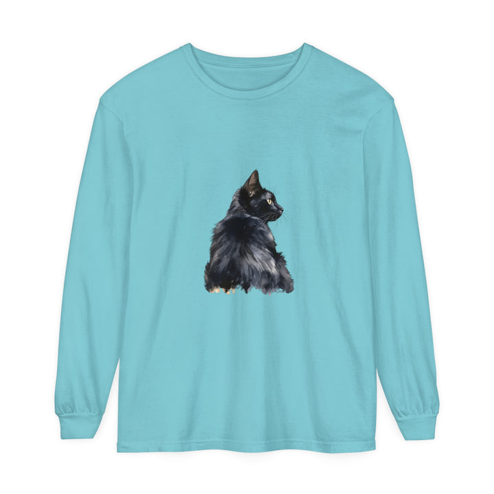 Black Cat Watercolor Long Sleeve T-Shirt featuring a stunning watercolor design of a black cat on a comfortable long sleeve shirt for cat lovers and art enthusiasts