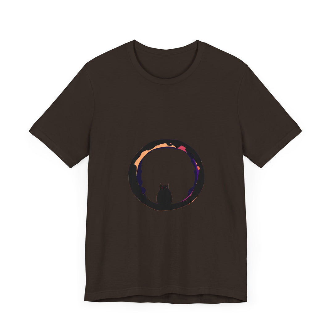 A spooky and stylish Black Cat Mystery Moon T-Shirt featuring a mysterious black cat against a full moon backdrop