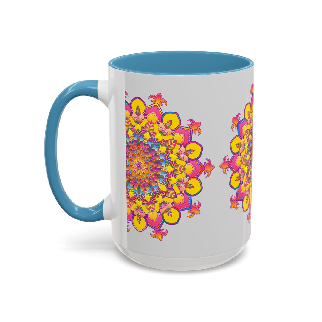 Colorful ceramic coffee mug featuring a mandala art design, perfect for mindful meditation and relaxation