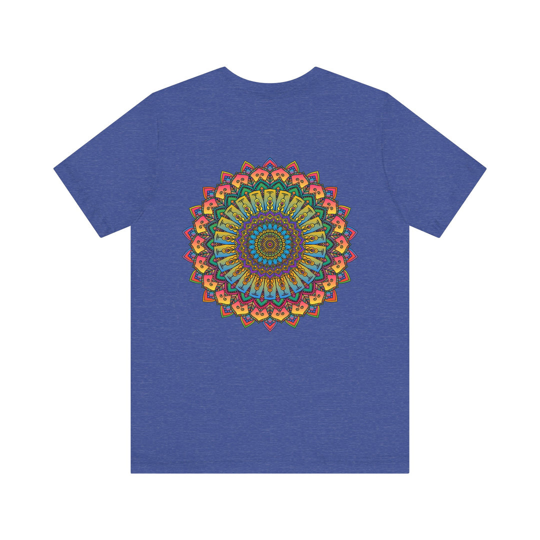 A colorful and intricate mandala design adorned on a t-shirt, promoting spiritual peace and harmony through vibrant and uplifting imagery