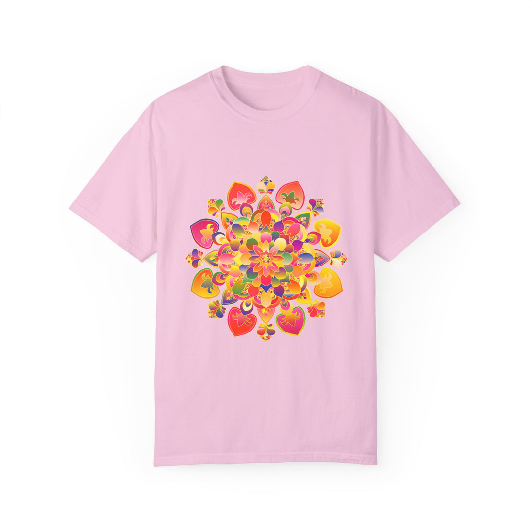 Colorful and intricate hand-drawn mandala design on a vibrant t-shirt