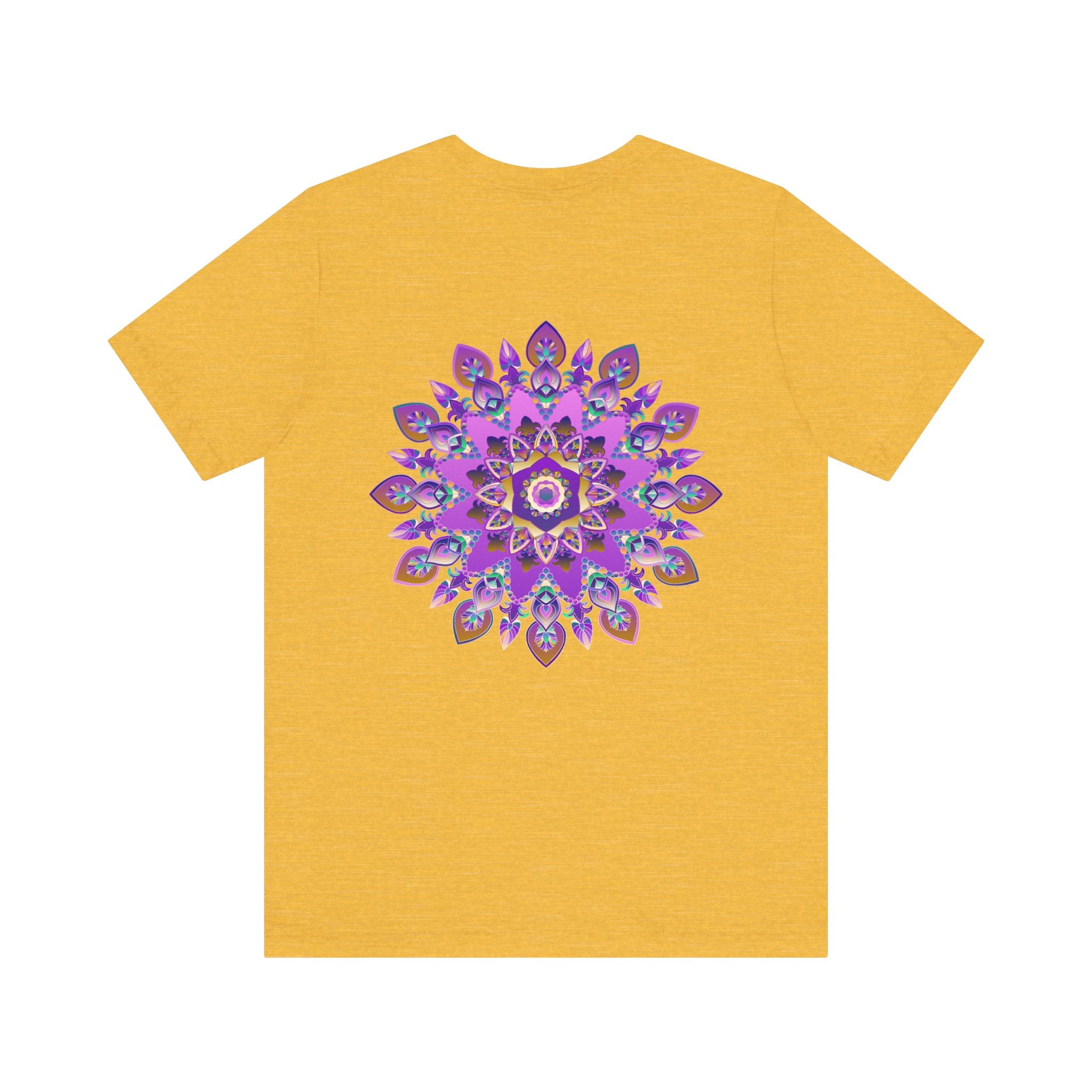 Beautiful purple mandala t-shirt with intricate spiritual design promoting peace and harmony