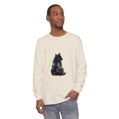 Black Cat Mystique Long Sleeve T-Shirt - a stylish, comfortable graphic tee featuring a mysterious black cat design on the front