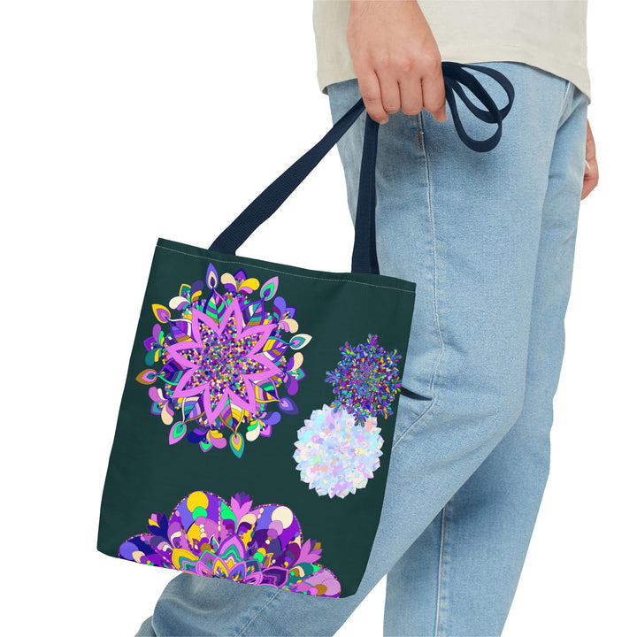 Colorful mandala-inspired tote bag with intricate patterns and vibrant hues