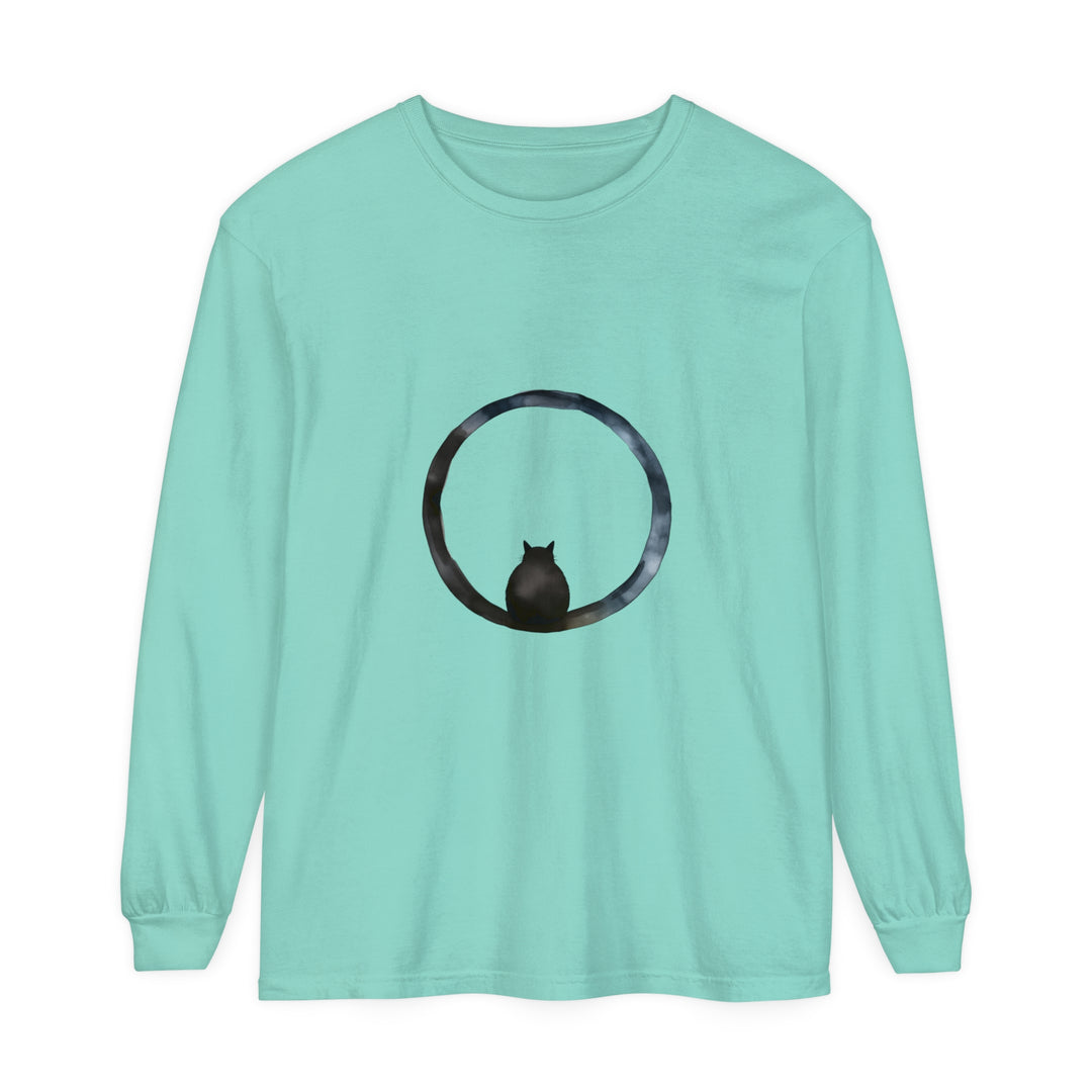 A close-up image of a black long sleeve t-shirt with a mysterious sphere design, suitable for both men and women