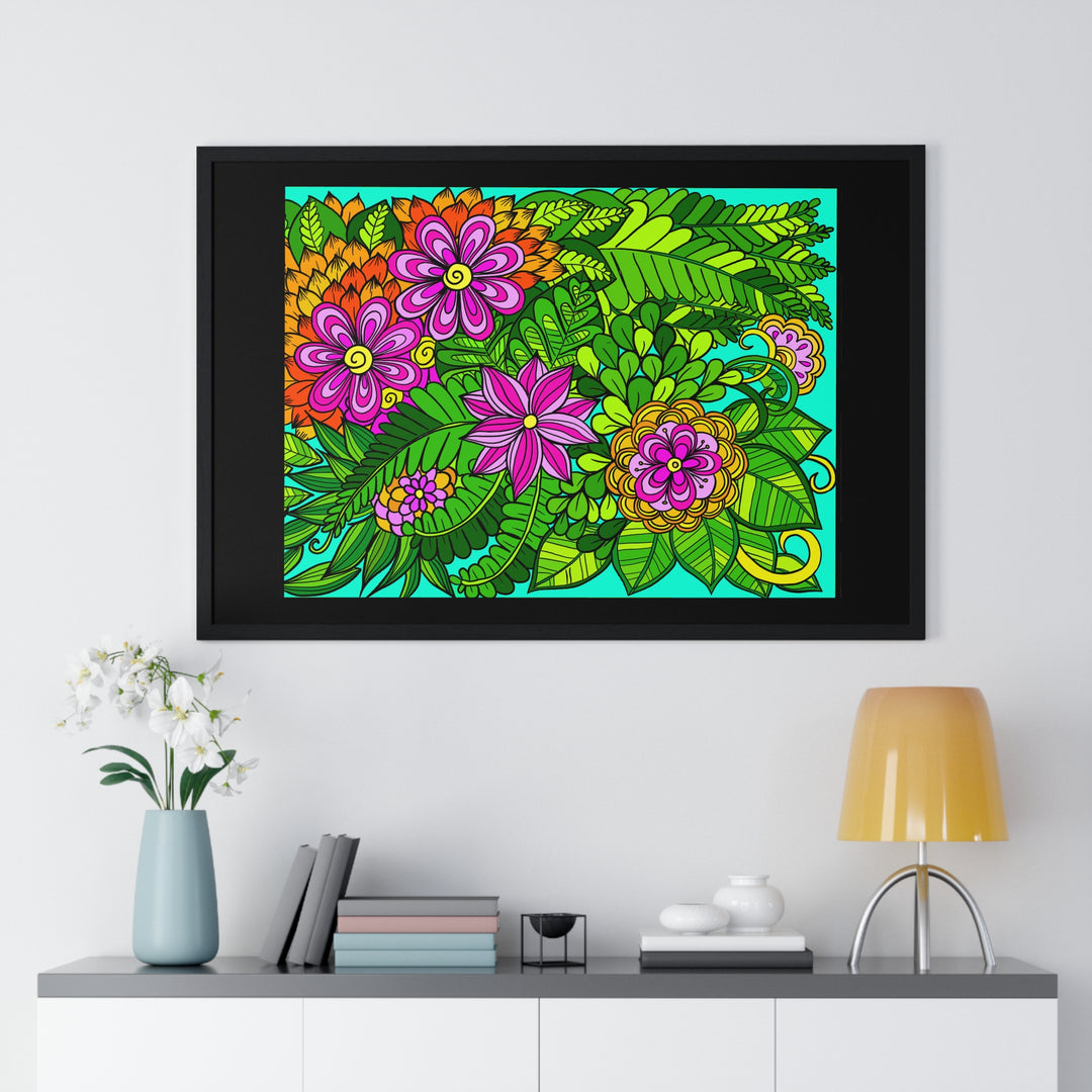 Decorative framed poster with intricate floral illustration in black ink