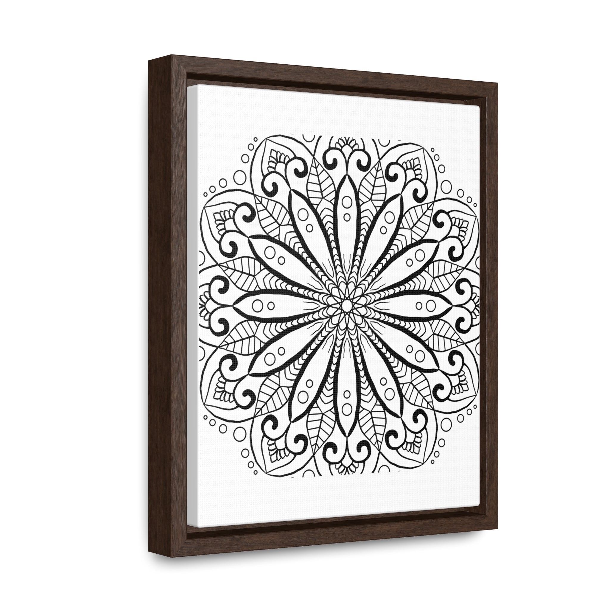Handmade black and white mandala art on gallery canvas wraps in vertical frame