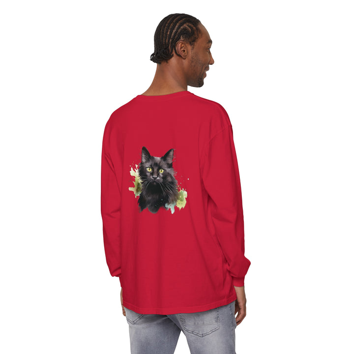 A close-up image of a black cat watercolor splash long sleeve t-shirt