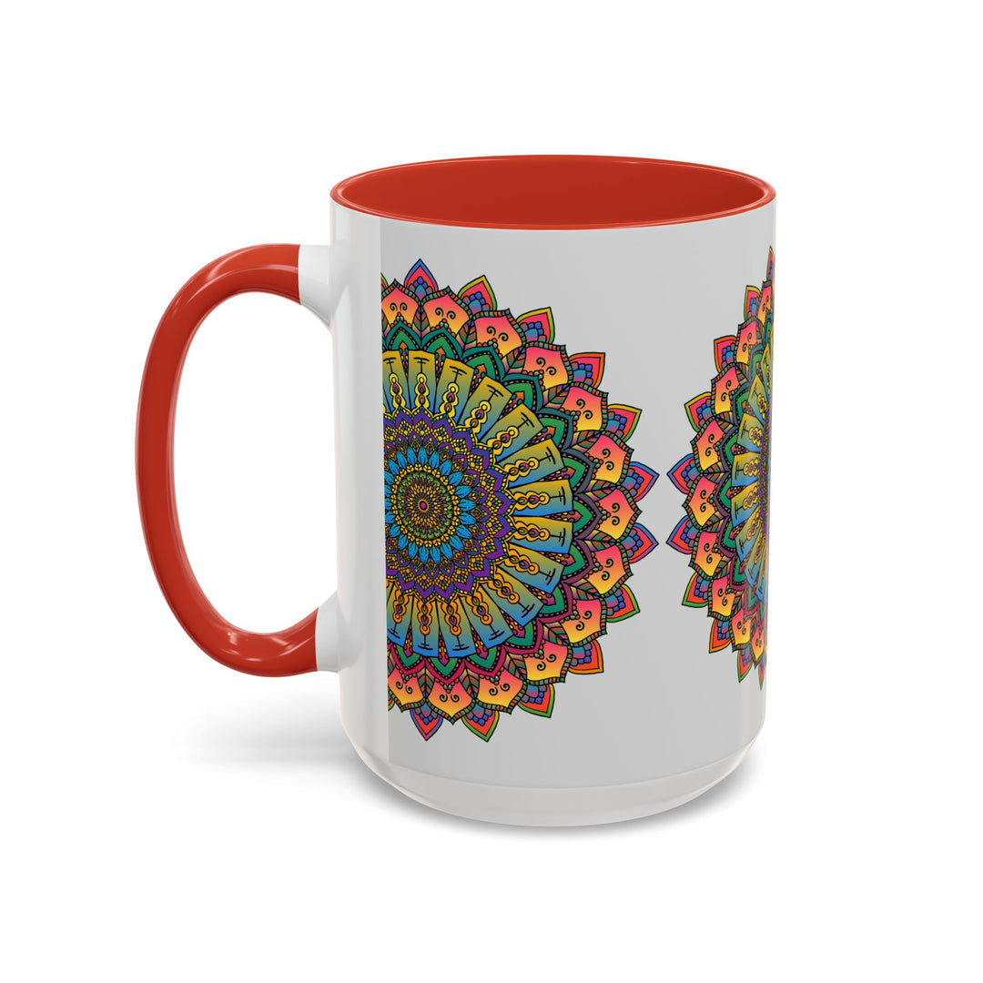 A close-up image of a vibrant and intricate mandala art mug, featuring spiritual and colorful designs in various shades of blue, green, and purple