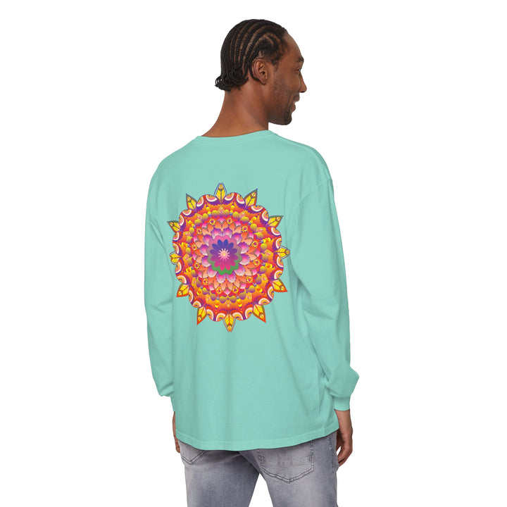 Colorful and intricate mandala design featured on a unisex long sleeve t-shirt