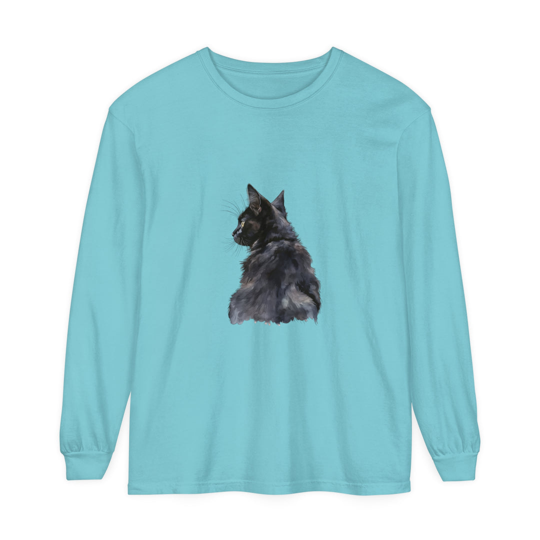 Black Cat Watercolor long sleeve t-shirt with vibrant and detailed feline design