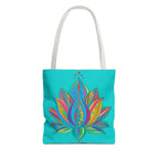 Beautiful azure blue Mandala Lotus Tote Bag with intricate design and spacious interior for all your essentials