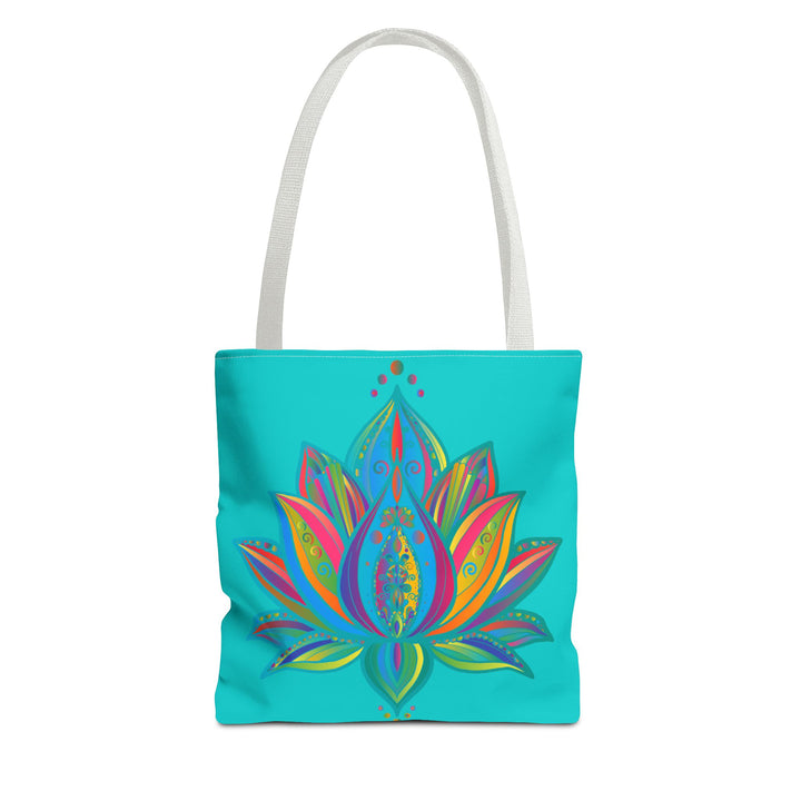 Beautiful azure blue Mandala Lotus Tote Bag with intricate design and spacious interior for all your essentials