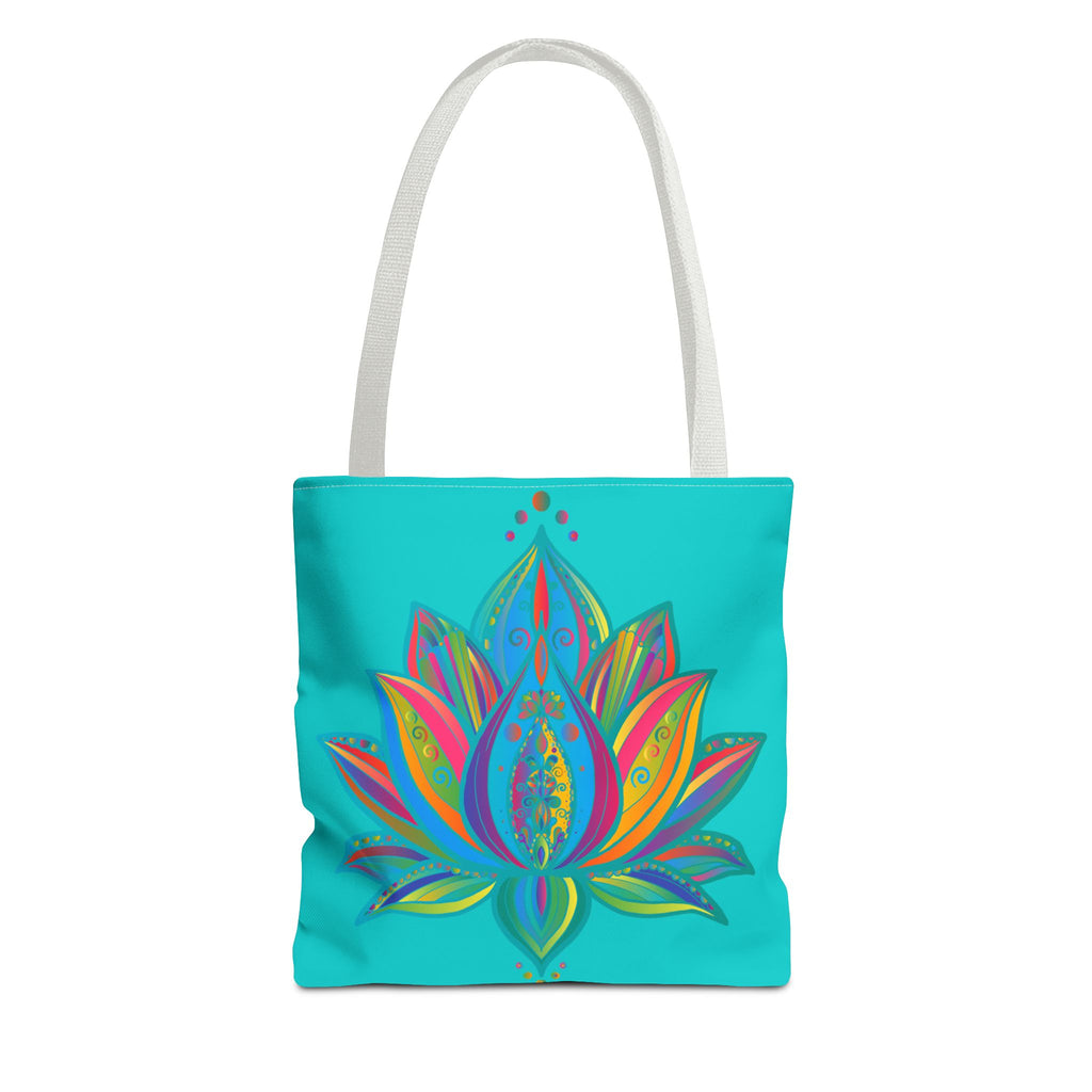 Beautiful azure blue Mandala Lotus Tote Bag with intricate design and spacious interior for all your essentials