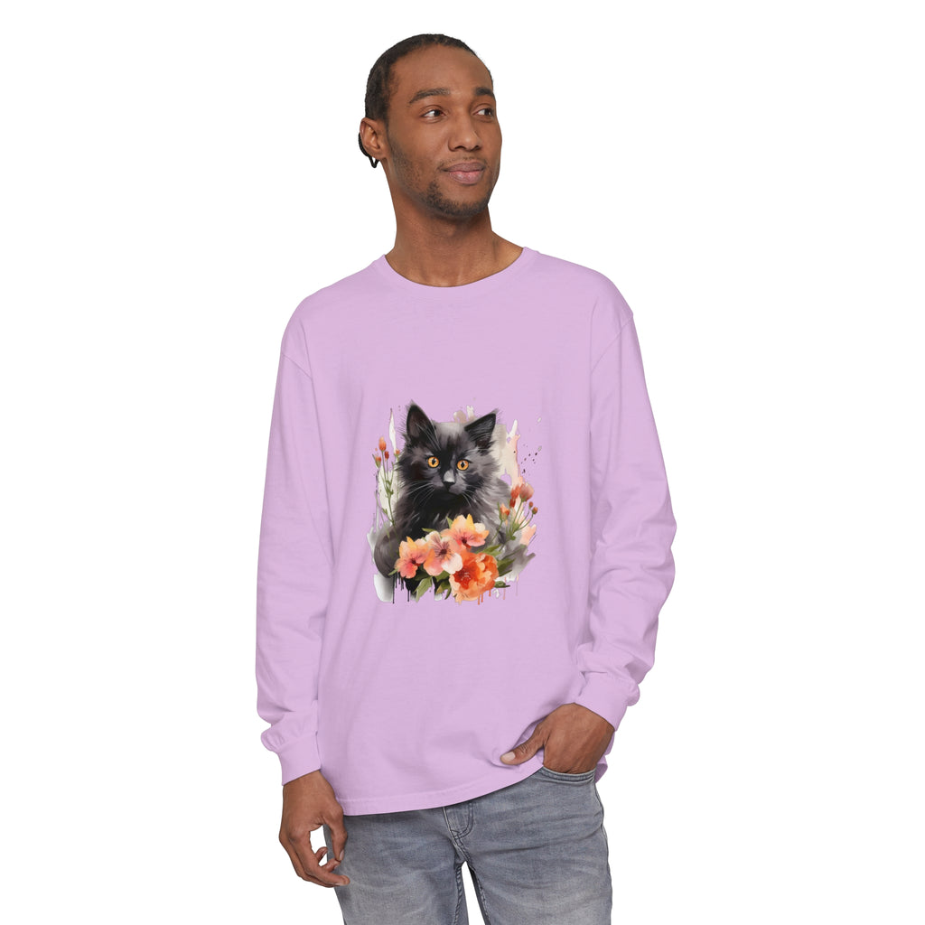  Hand-painted watercolor artwork of a black cat surrounded by vibrant flowers on a comfortable t-shirt 