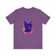 A unique black cat mystery t-shirt with a vibrant and colorful splatter pattern