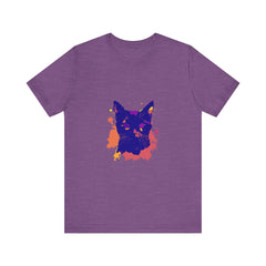 A unique black cat mystery t-shirt with a vibrant and colorful splatter pattern