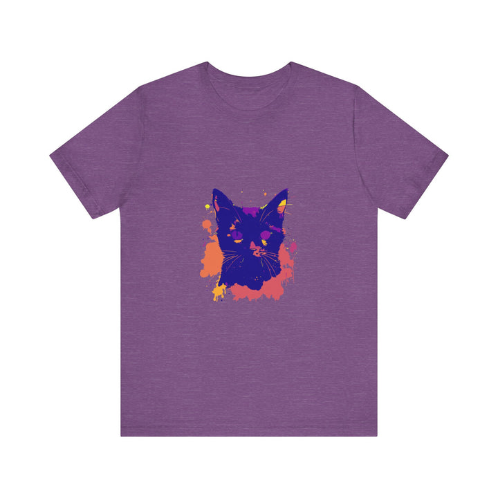 A unique black cat mystery t-shirt with a vibrant and colorful splatter pattern