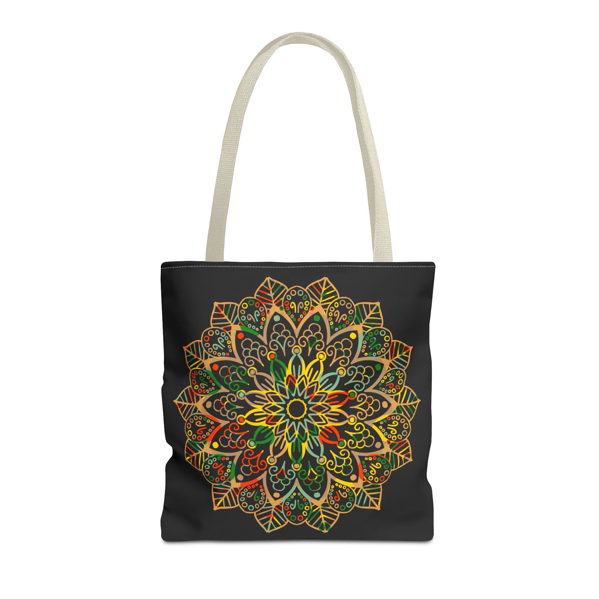 Colorful hand-drawn mandala art tote bag with all-over print design