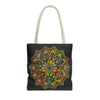 Colorful hand-drawn mandala art tote bag with all-over print design