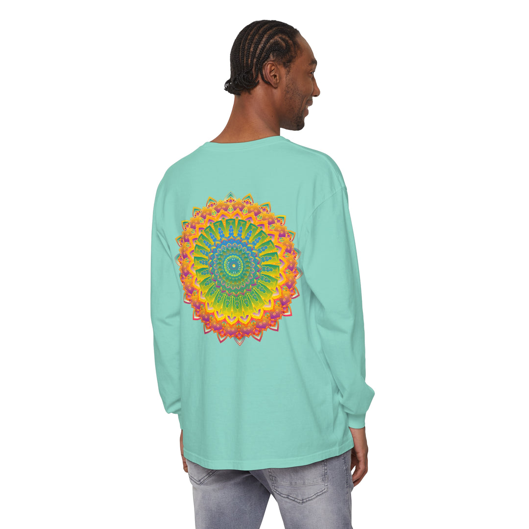 Intricate Mandala Unisex Long Sleeve T-Shirt featuring intricate mandala design in vibrant colors on black fabric
