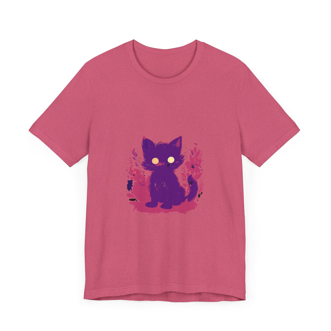 A purple t-shirt with a whimsical design featuring a mysterious cat