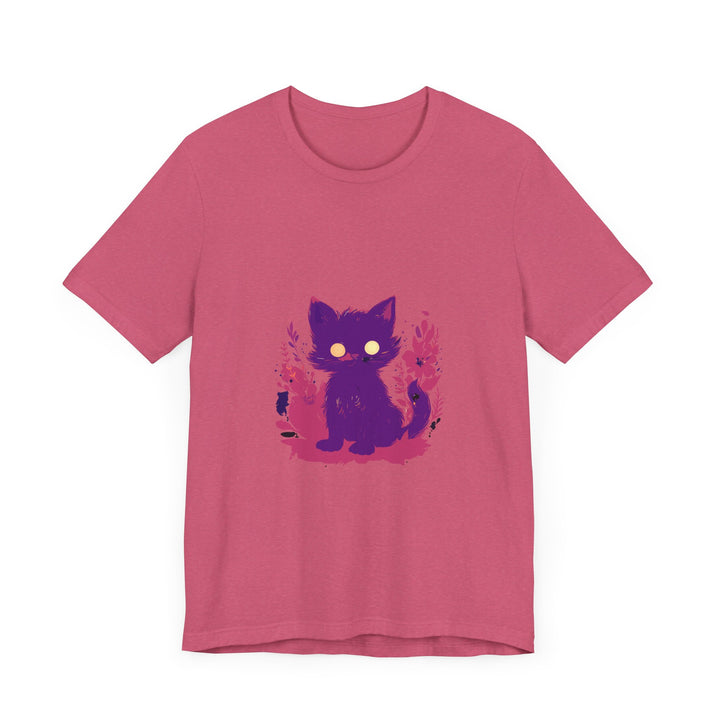 A purple t-shirt with a whimsical design featuring a mysterious cat