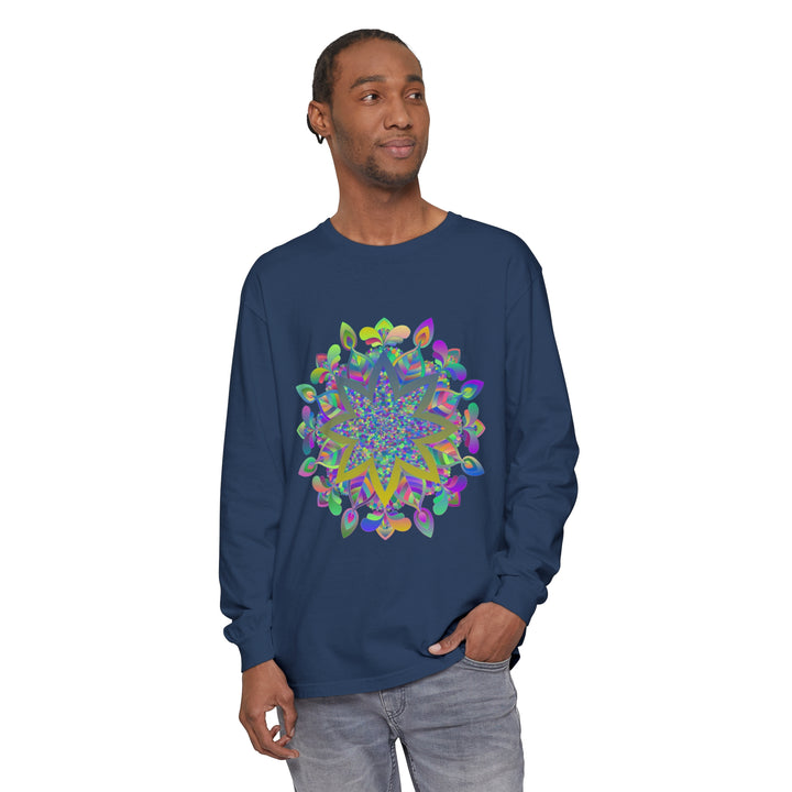 Vibrant and intricate mandala design long sleeve t-shirt in multiple colors