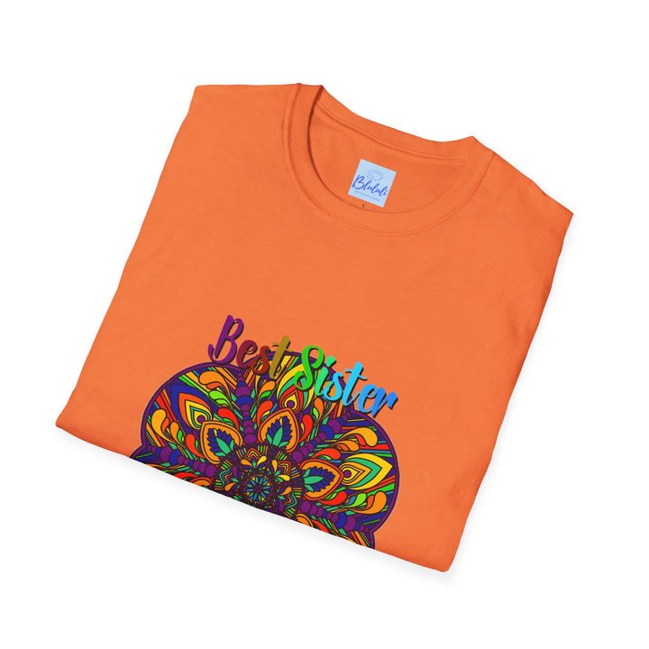 Softstyle unisex t-shirt with hand-drawn mandala art design, perfect gift for sister