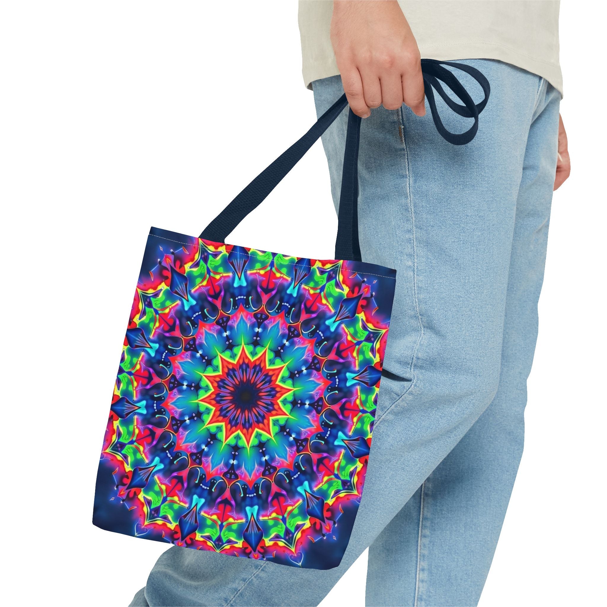 Colorful and intricate psychedelic mandala design tote bag for bohemian fashion lovers