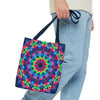 Colorful and intricate psychedelic mandala design tote bag for bohemian fashion lovers