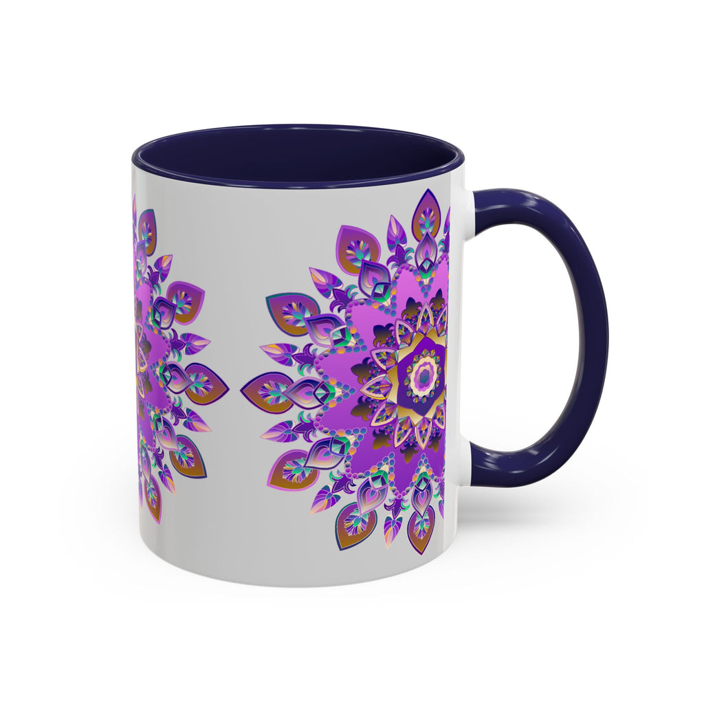 Beautiful purple and gold mandala mug with intricate bohemian art design