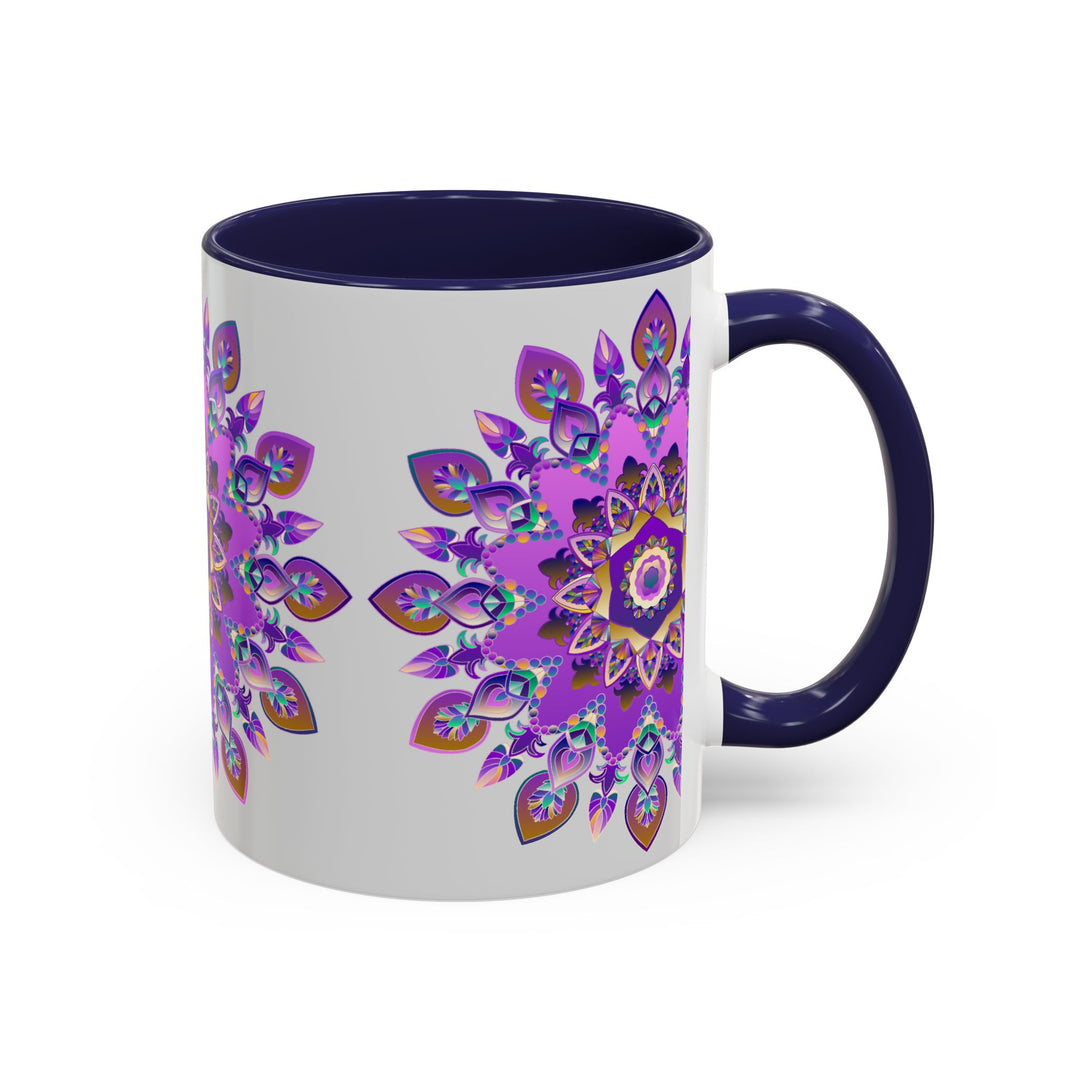 Beautiful purple and gold mandala mug with intricate bohemian art design