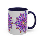 Beautiful purple and gold mandala mug with intricate bohemian art design