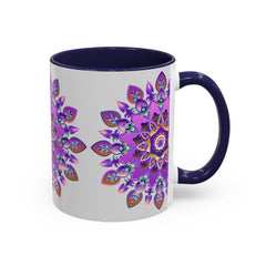 Beautiful purple and gold mandala mug with intricate bohemian art design