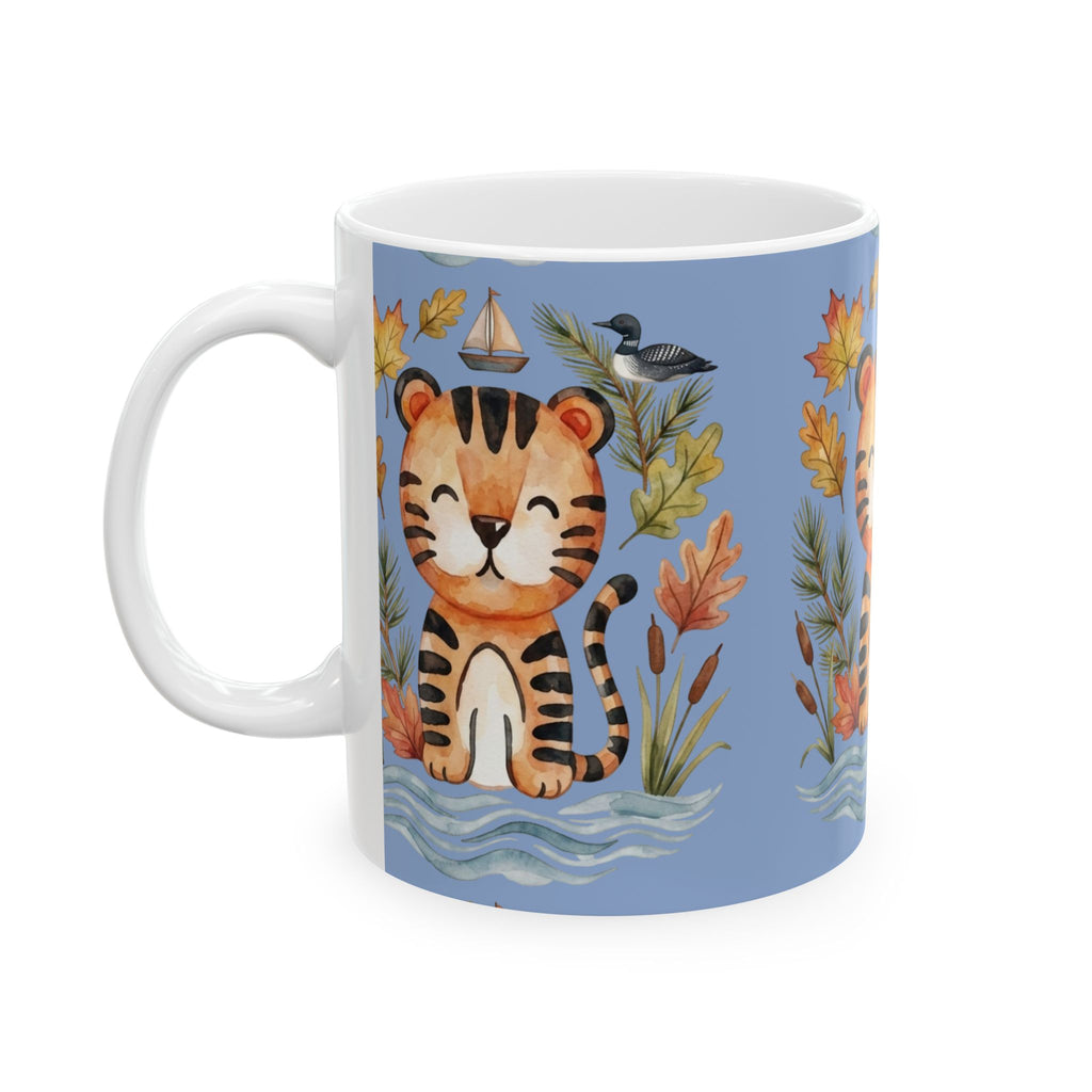 Tiger & Autumn Leaves Ceramic Mug — Cute Watercolor Tiger Coffee Cup (11oz, 15oz)