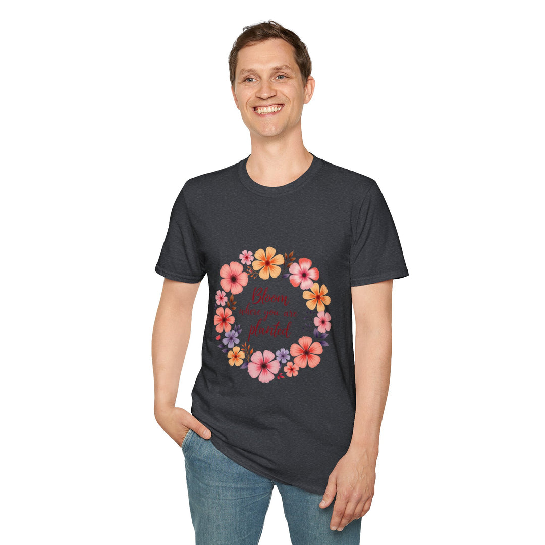 White t-shirt with a colorful floral mandala design and a quote printed on it, perfect for a stylish and unique casual outfit