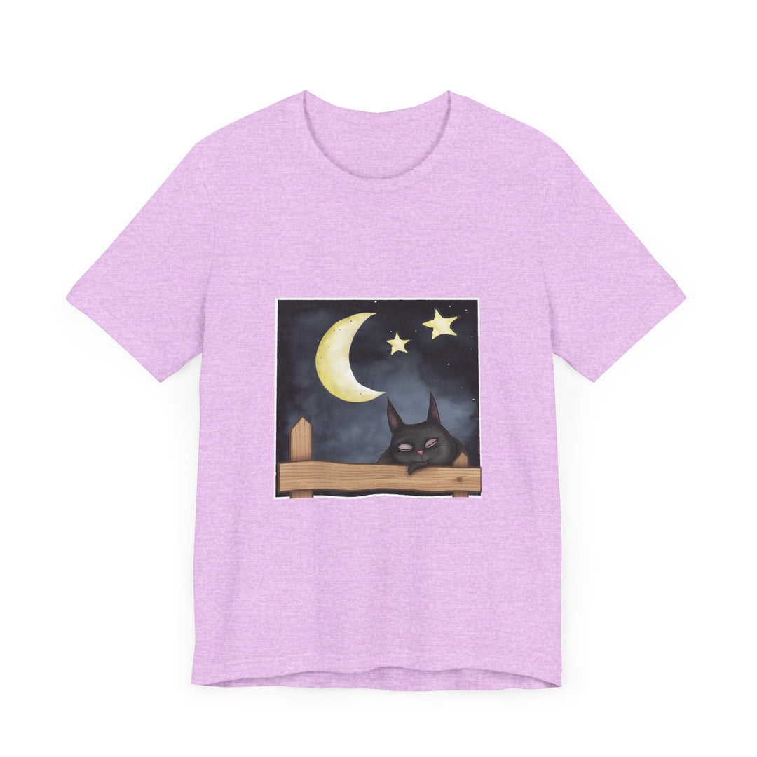 A black t-shirt featuring a sleepy cat under a moonlit night