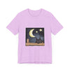 A black t-shirt featuring a sleepy cat under a moonlit night