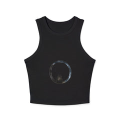  Close-up of the soft, breathable fabric of the Cosmic Enigma Racerback Tank Top