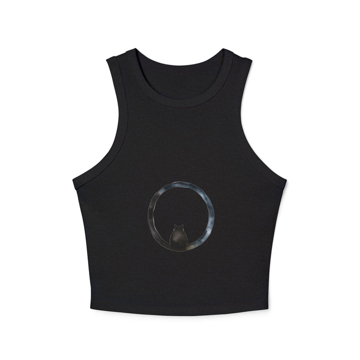  Close-up of the soft, breathable fabric of the Cosmic Enigma Racerback Tank Top