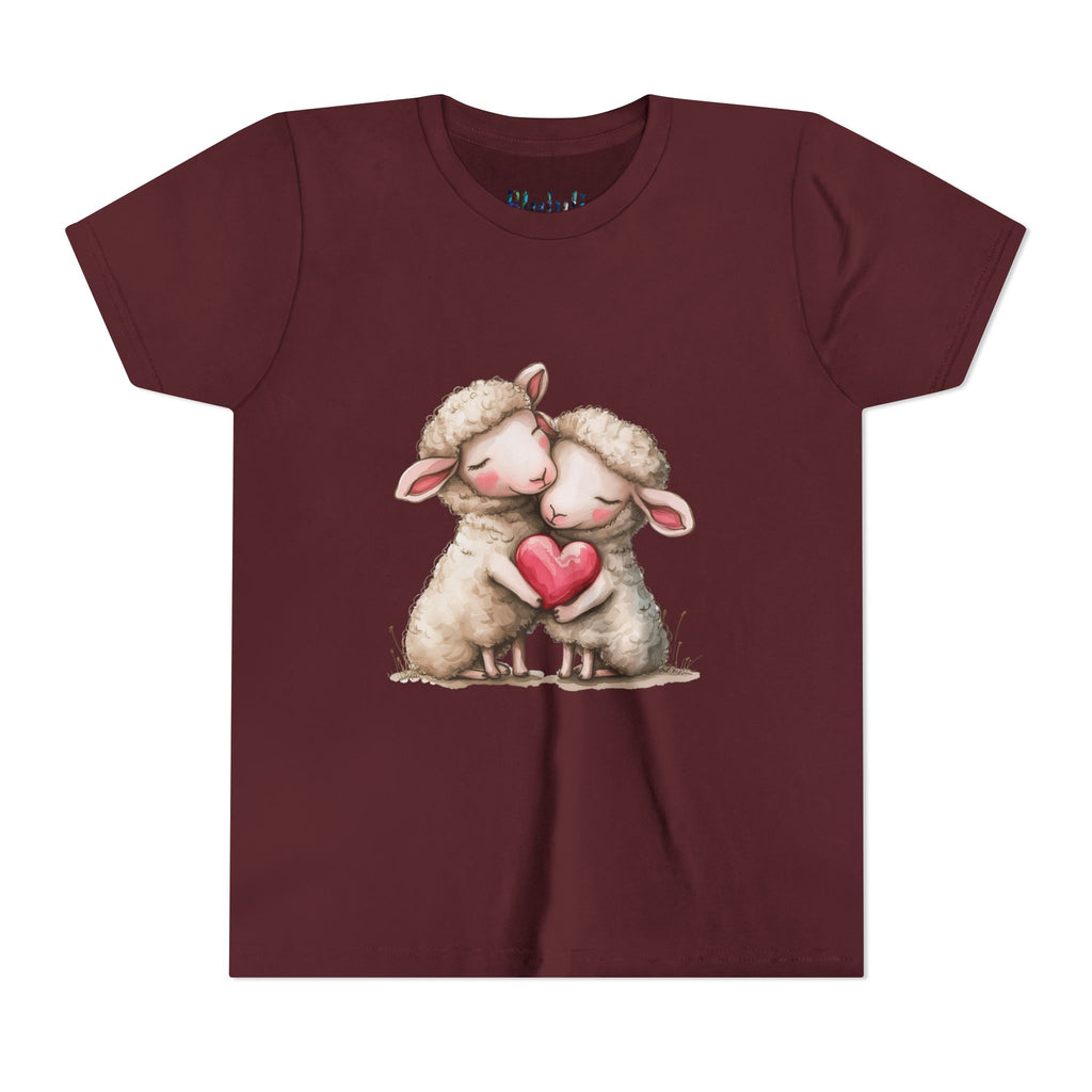 Youth Tee - Cartoon Sheeps Hugging Heart, Cute and Lovely Design