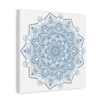 Handmade Mandala Art featuring intricate steel blue design, printed on matte canvas and stretched to 125 inches for striking wall decor