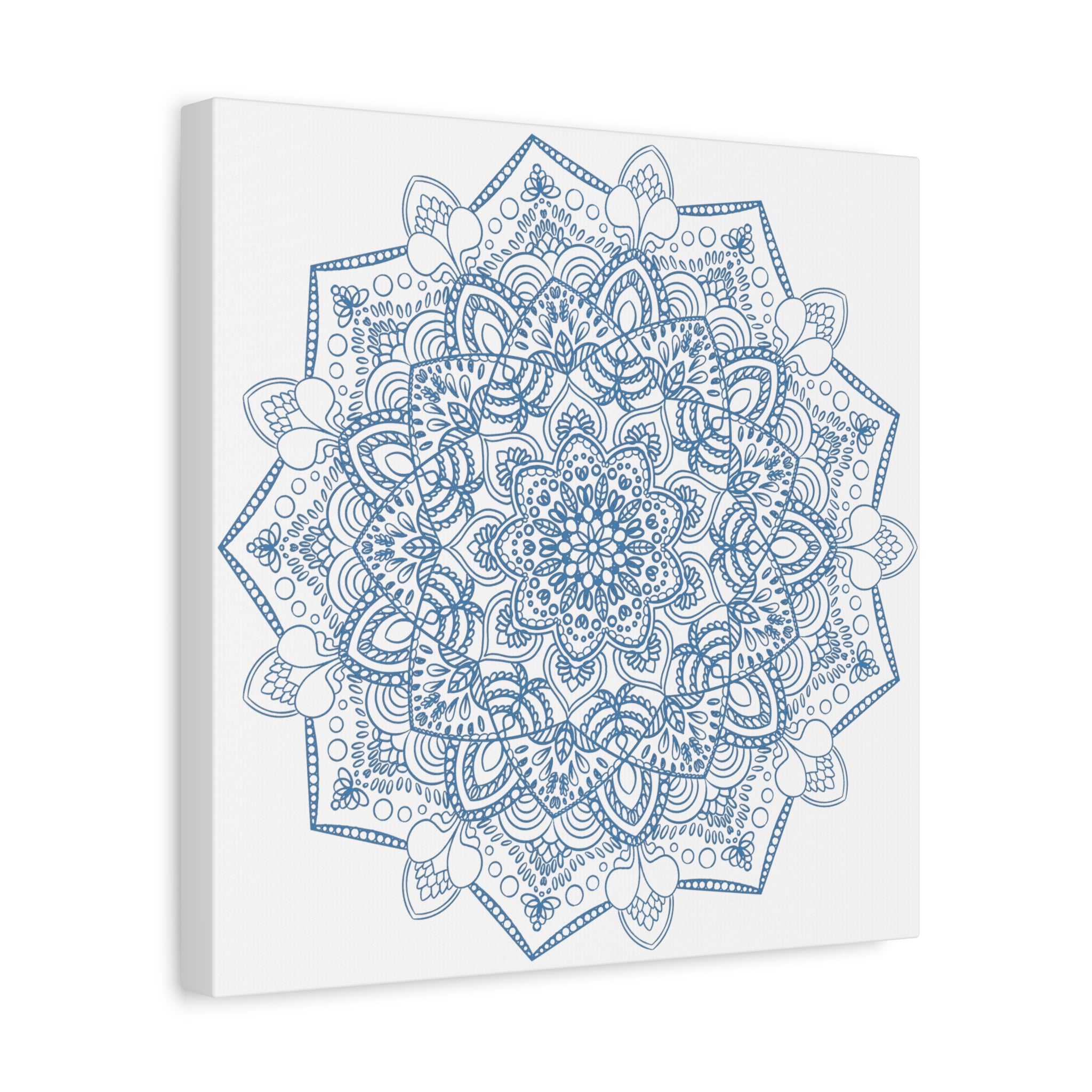 Handmade Mandala Art featuring intricate steel blue design, printed on matte canvas and stretched to 125 inches for striking wall decor