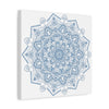 Handmade Mandala Art featuring intricate steel blue design, printed on matte canvas and stretched to 125 inches for striking wall decor