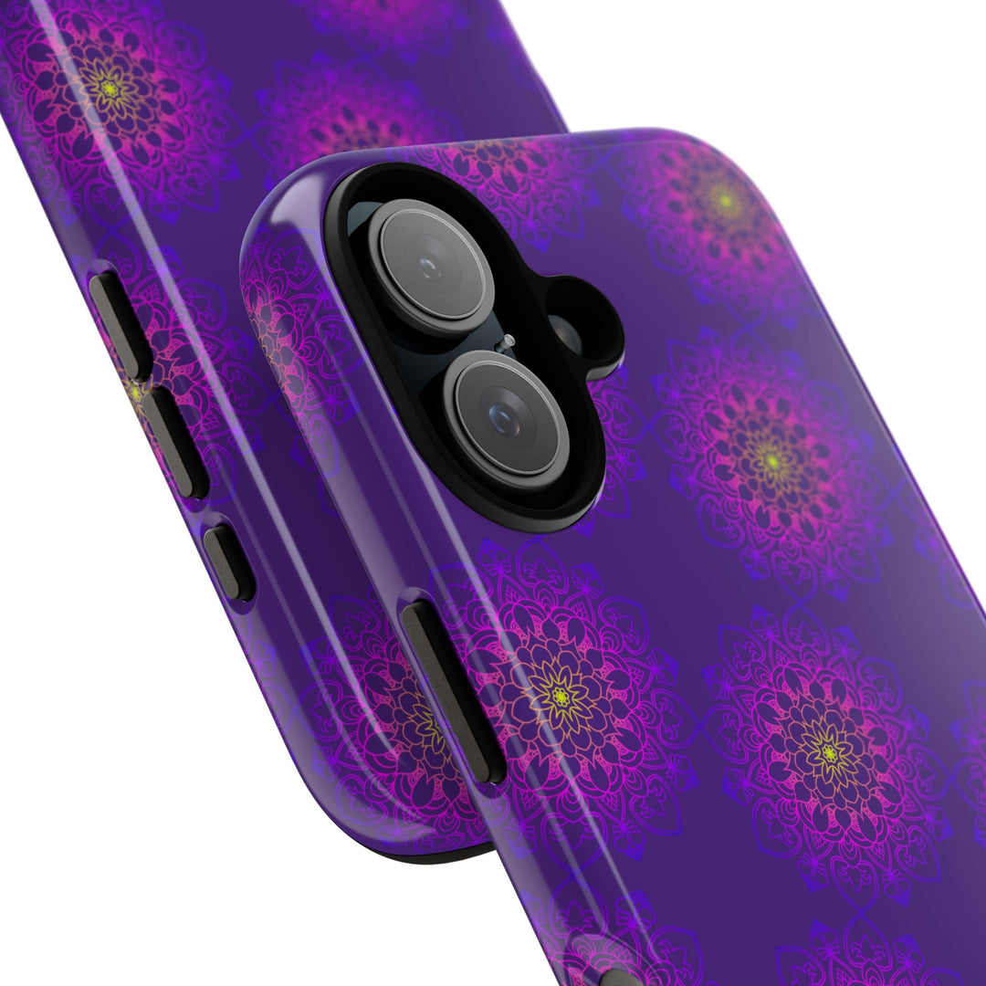 Intricate Purple Floral iPhone Case with Bold Mandala Design