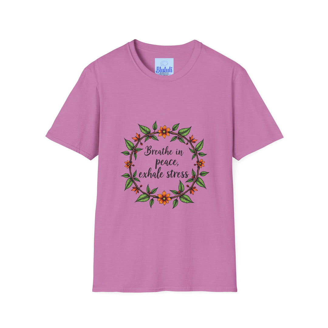 Floral garland t-shirt featuring the words Breathe in Peace Exhale Stress in a stylish and calming design