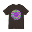 Vibrant and intricate purple mandala design tee promoting spiritual peace and harmony